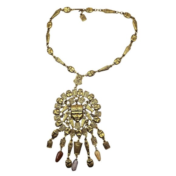 Goldette 1970s Egyptian Revival Gold Tone Necklace Cartouche & Scarab Motifs - Picture 1 of 16